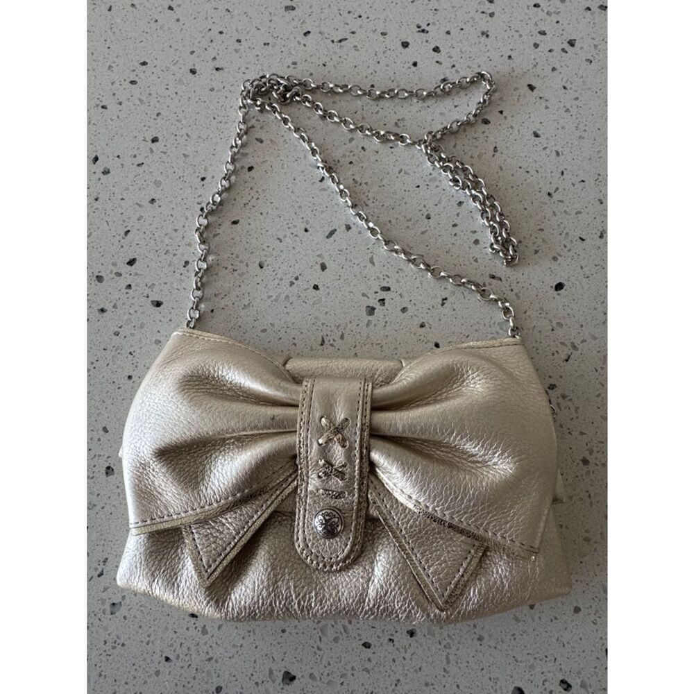 Brighton Mute Gold Metallic Bow-Accent Shoulder Bag Clutch Removable Chain Strap